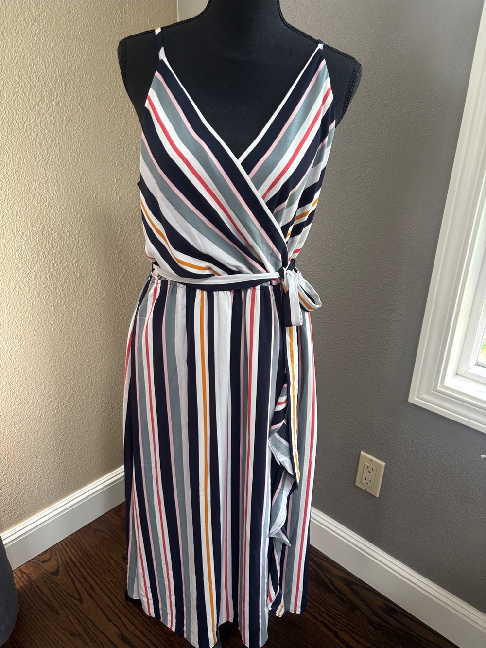 LOFT Navy Striped Faux-Wrap Midi Dress with Multi-Color Stripes